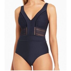 NWT Sea Level Amazing Lace Spliced Plunge One Piece With Ladder Lace Siz…